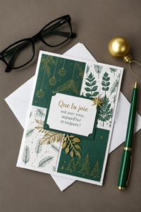 Carte de Noël verte et dorée ornée de motifs festifs