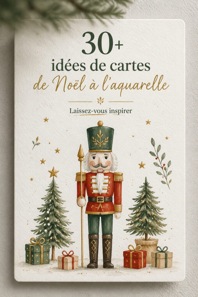 Une belle carte de Noël aquarelle avec des flocons et un sapin.