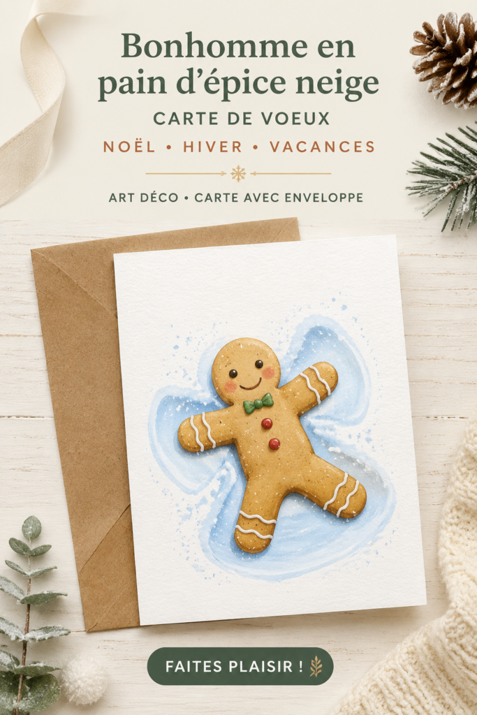 Carte de vœux décorée d'un bonhomme en pain d'épice pour Noël