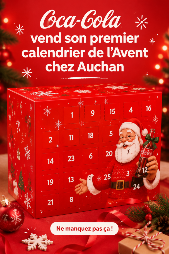 Calendrier de l’Avent Coca-Cola affiché en magasin avec des bouteilles emblématiques.