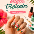 Design coloré d'ongles inspiré des tropiques avec des motifs floraux