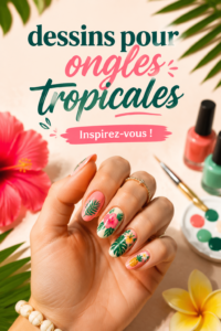 Design coloré d'ongles inspiré des tropiques avec des motifs floraux