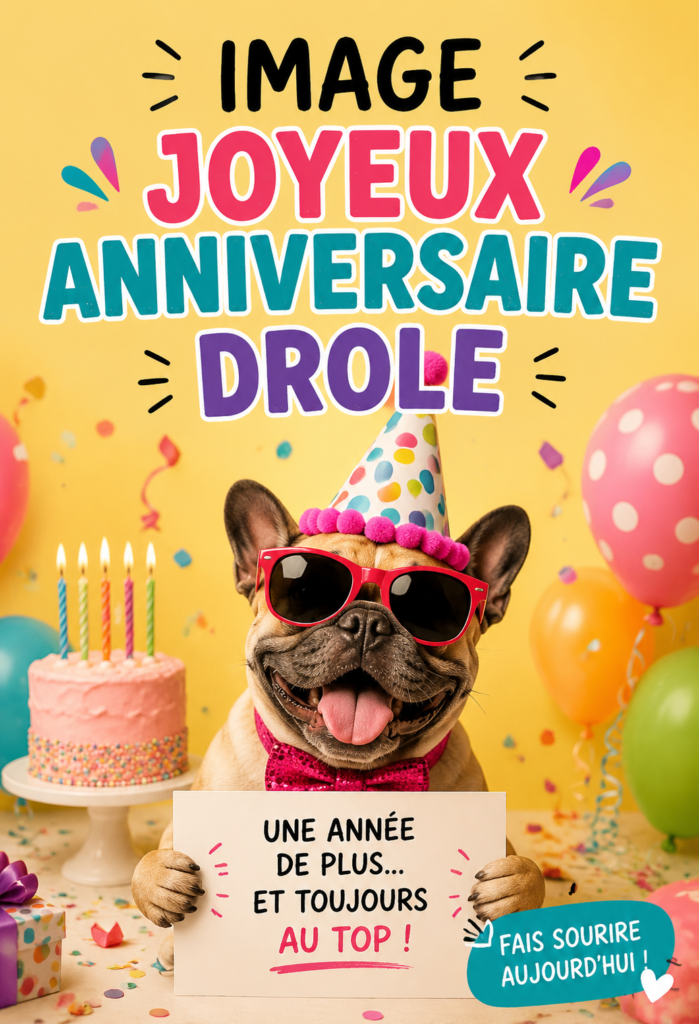 Image humoristique d'anniversaire avec un gâteau et des accessoires amusants