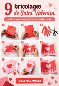 Bricolages de Saint Valentin réalisés avec des enfants, mettant en avant des cœurs et des décorations colorées.