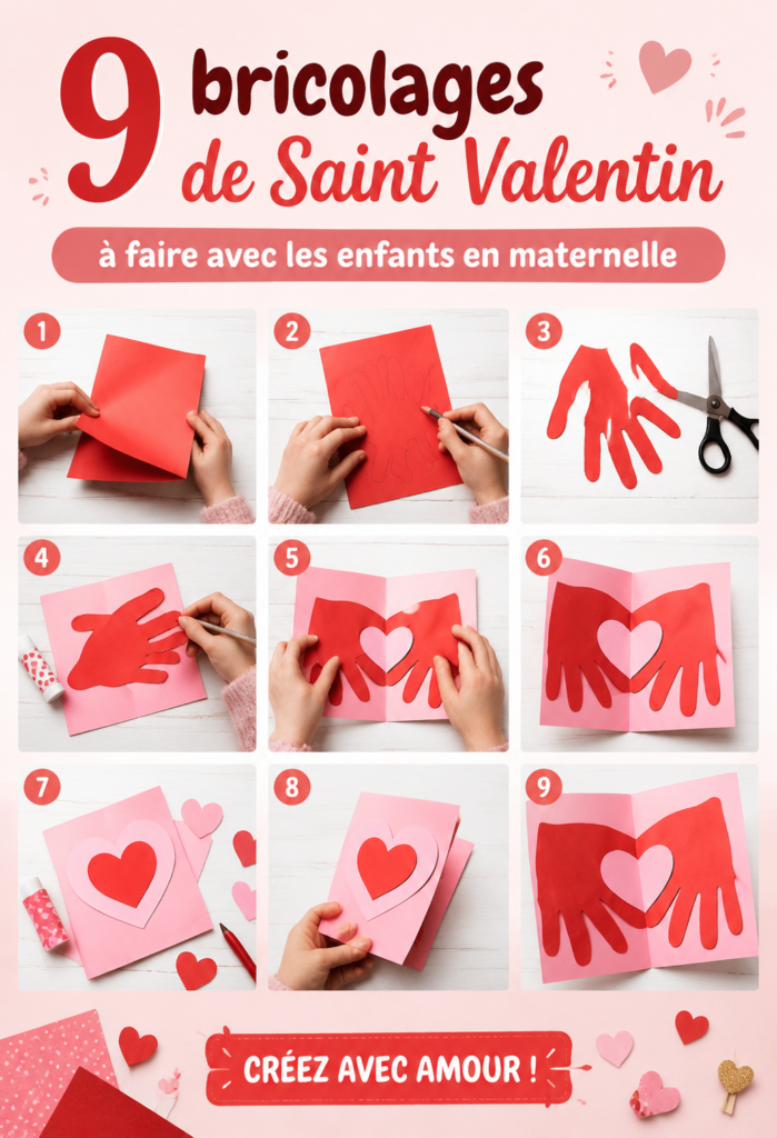 Bricolages de Saint Valentin réalisés avec des enfants, mettant en avant des cœurs et des décorations colorées.