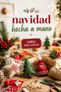Un ensemble de cadeaux faits main décoratifs pour Noël sur une table en bois.