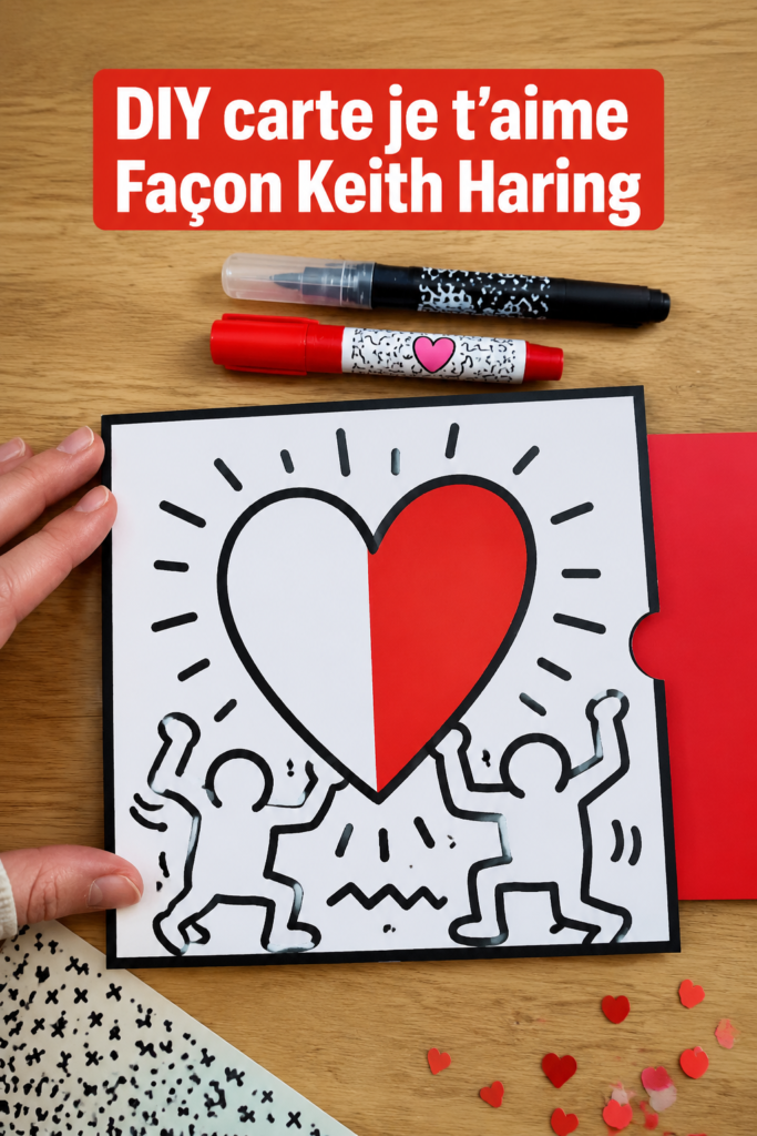 Carte d'amour DIY inspirée par Keith Haring avec des motifs colorés.