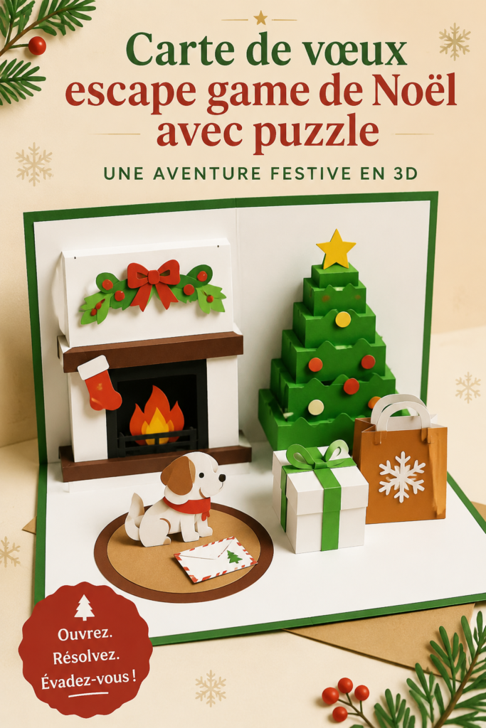 Carte de Noël pop-up en forme de puzzle avec des motifs festifs.