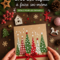 Une carte de Noël faite maison avec des sapins en papier, brillamment décorée.
