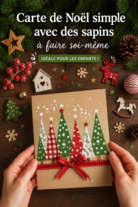 Une carte de Noël faite maison avec des sapins en papier, brillamment décorée.