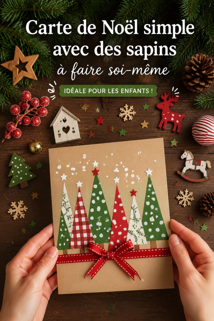 Une carte de Noël faite maison avec des sapins en papier, brillamment décorée.