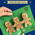 Une carte pop-up du bonhomme en pain d'épice entourée de décorations de Noël.