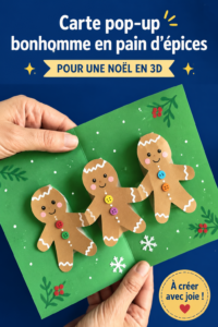 Une carte pop-up du bonhomme en pain d'épice entourée de décorations de Noël.