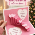 Carte pop-up colorée pour la Saint-Valentin, décorée de cœurs et de fleurs.
