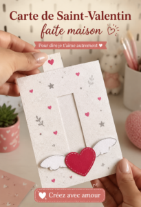 Une carte de Saint-Valentin faite main avec des cœurs en papier sur fond rose.