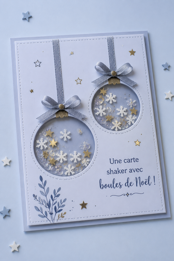 Carte shaker de Noël décorée avec des boules colorées et scintillantes.