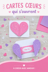 Carte en forme de coeur qui s'ouvre, décorée de motifs colorés et de messages doux.