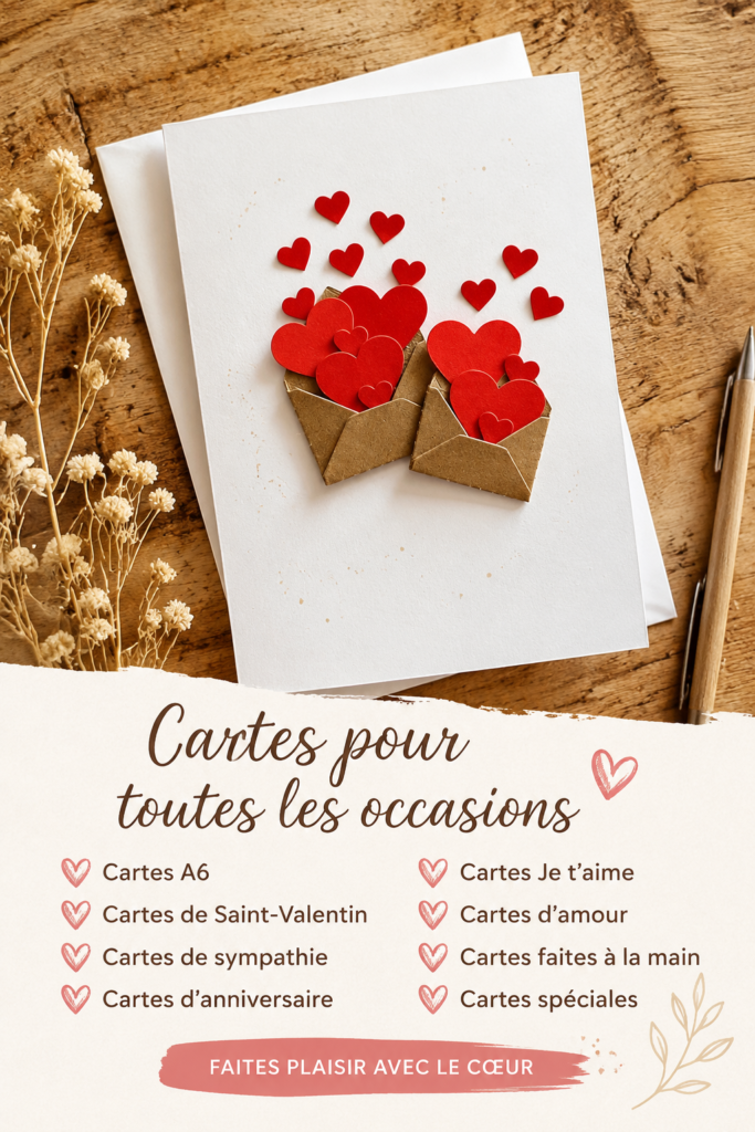 Un exemple de carte de Saint-Valentin faite main, décorée avec des embellissements colorés.