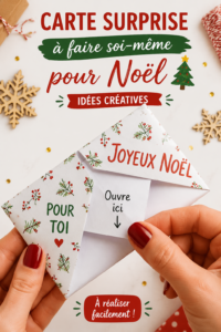 Une carte de Noël DIY avec motifs festifs et écriture manuscrite.
