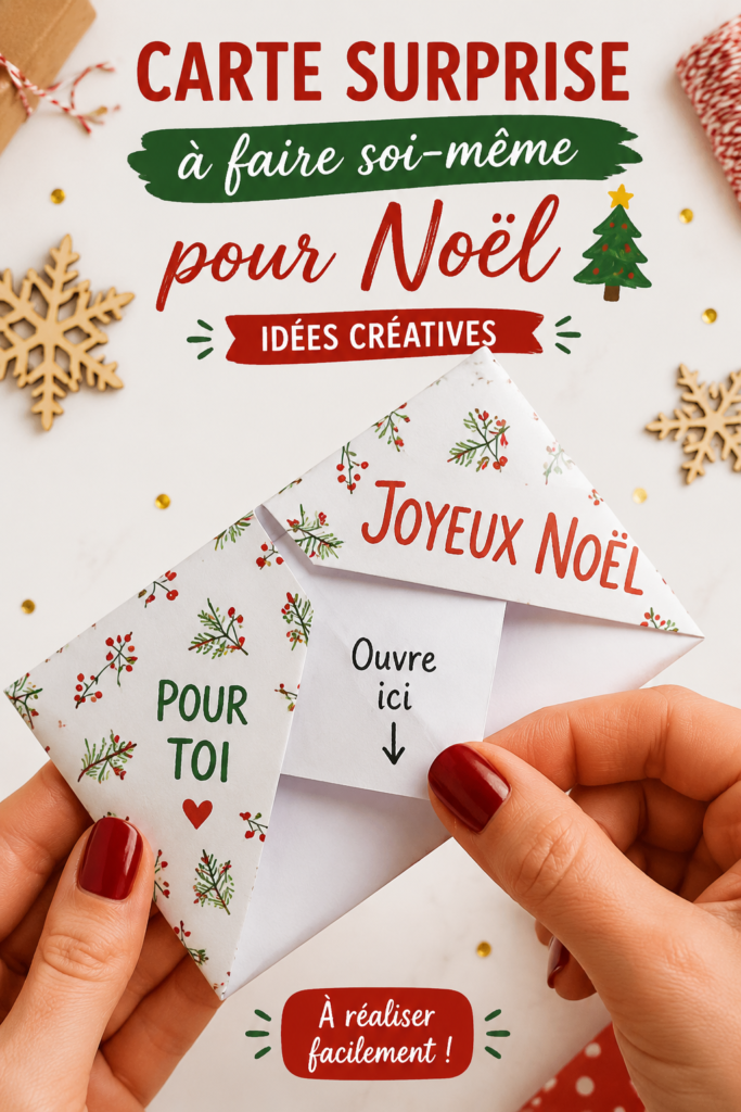 Une carte de Noël DIY avec motifs festifs et écriture manuscrite.