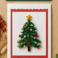 Carte de Noël en papier quilling avec des motifs colorés et festifs.