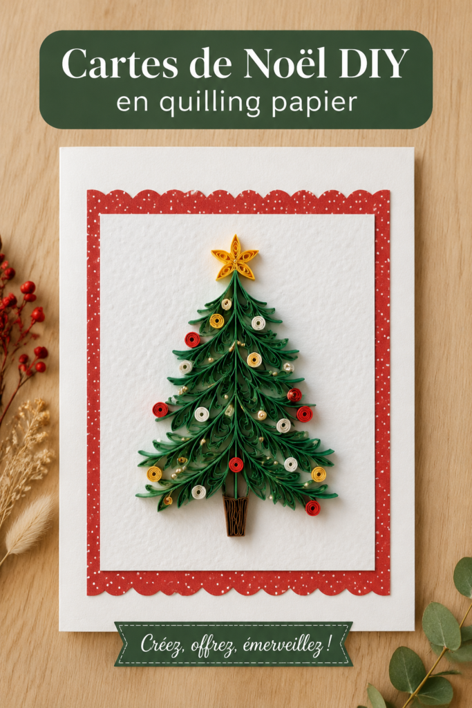 Carte de Noël en papier quilling avec des motifs colorés et festifs.
