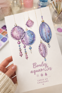 Deux ornements en aquarelle colorés accrochés à un sapin de Noël