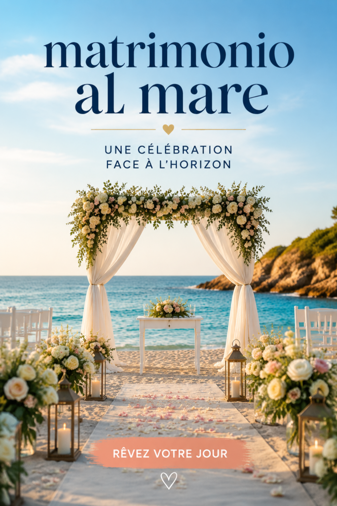 Un mariage romantique avec vue sur l'océan, décoré avec des fleurs et des drapés blancs.