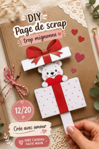 Page de scrapbook colorée avec des embellissements créatifs et des photos.