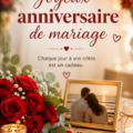 Une belle carte pour un joyeux anniversaire de mariage, ornée de fleurs et de cœurs.