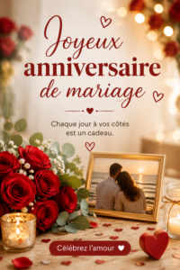 Une belle carte pour un joyeux anniversaire de mariage, ornée de fleurs et de cœurs.