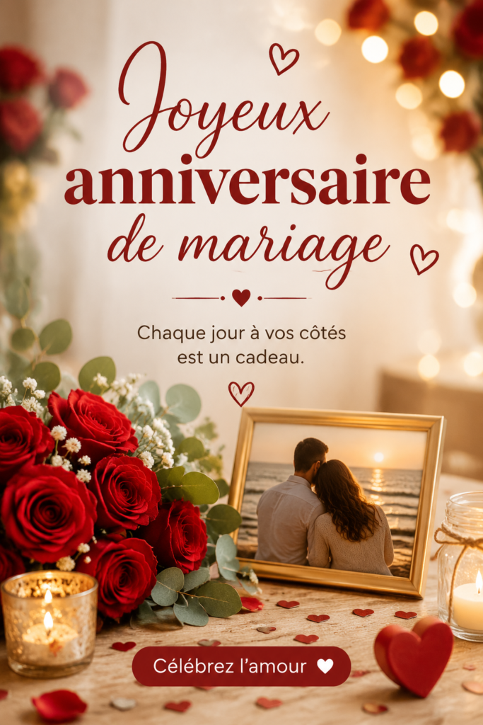 Une belle carte pour un joyeux anniversaire de mariage, ornée de fleurs et de cœurs.